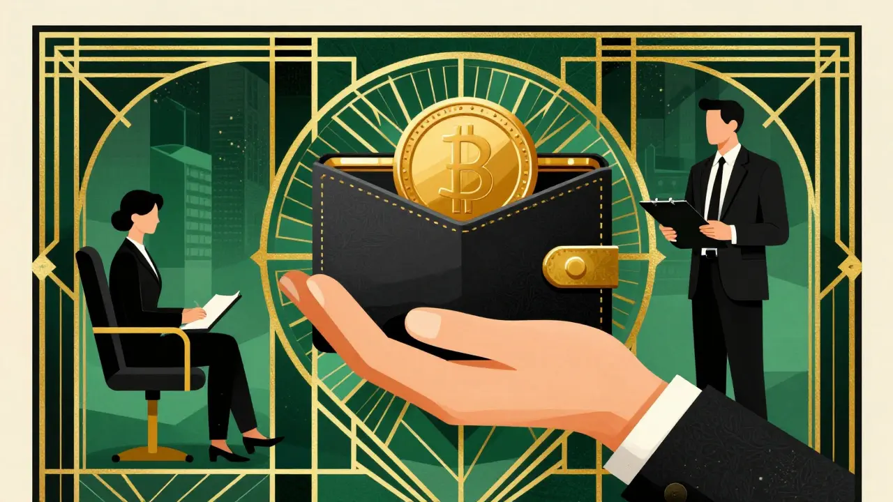 Stylizovaná art deco grafika znázornující finanční stránku a profesionální pomoc.