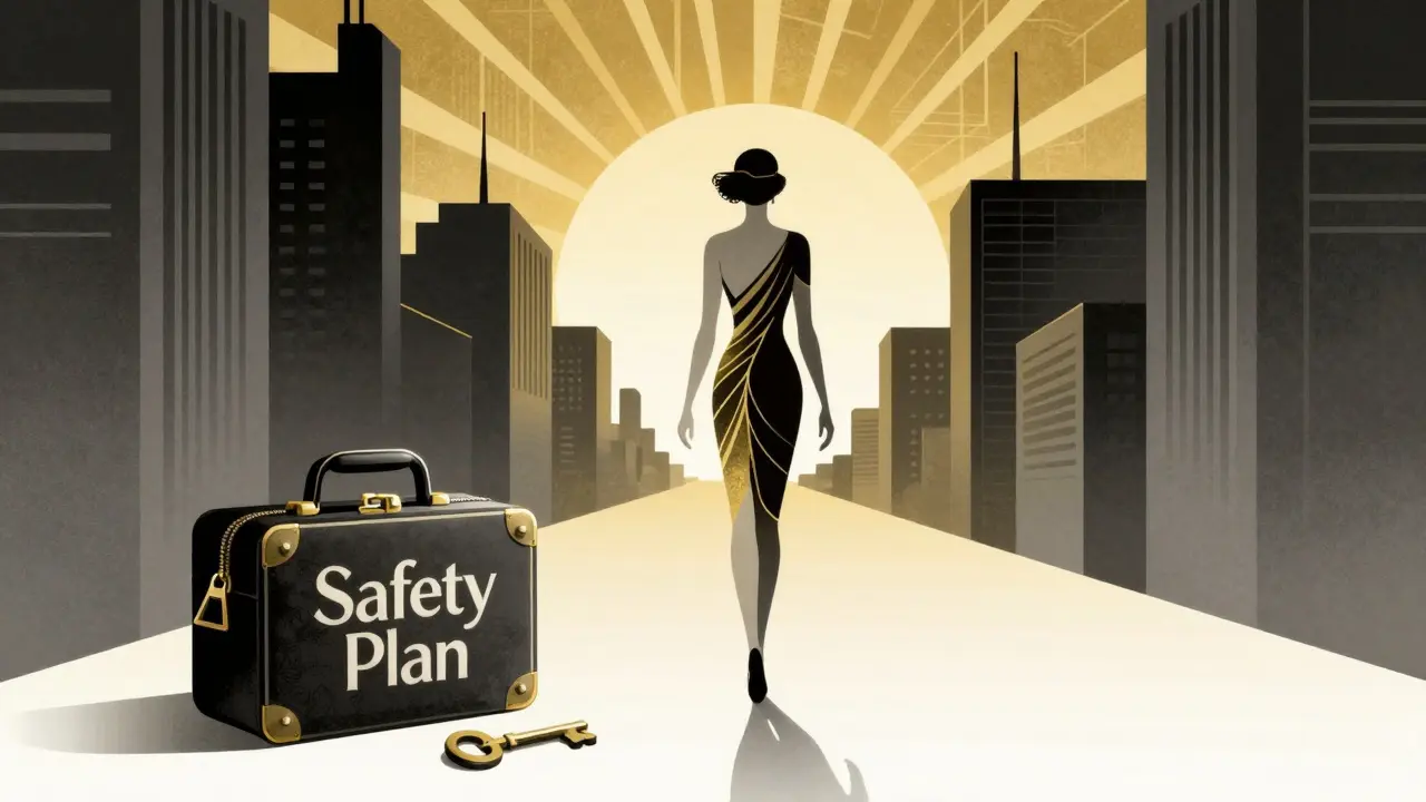 Stylizovaná postava v art deco stylu odcházející z temnoty k jasnému zlatému slunci symbolizujícímu svobodu.