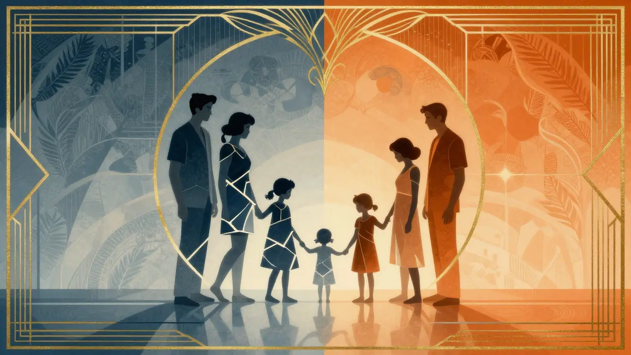 Stylizovaná rodina přecházející z rozdělenosti k harmonii v stylu art deco.