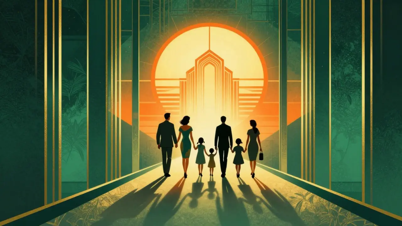 Stylizovaný obraz cesty k uzdravení a naději s doprovodem odborníka v art deco stylu.