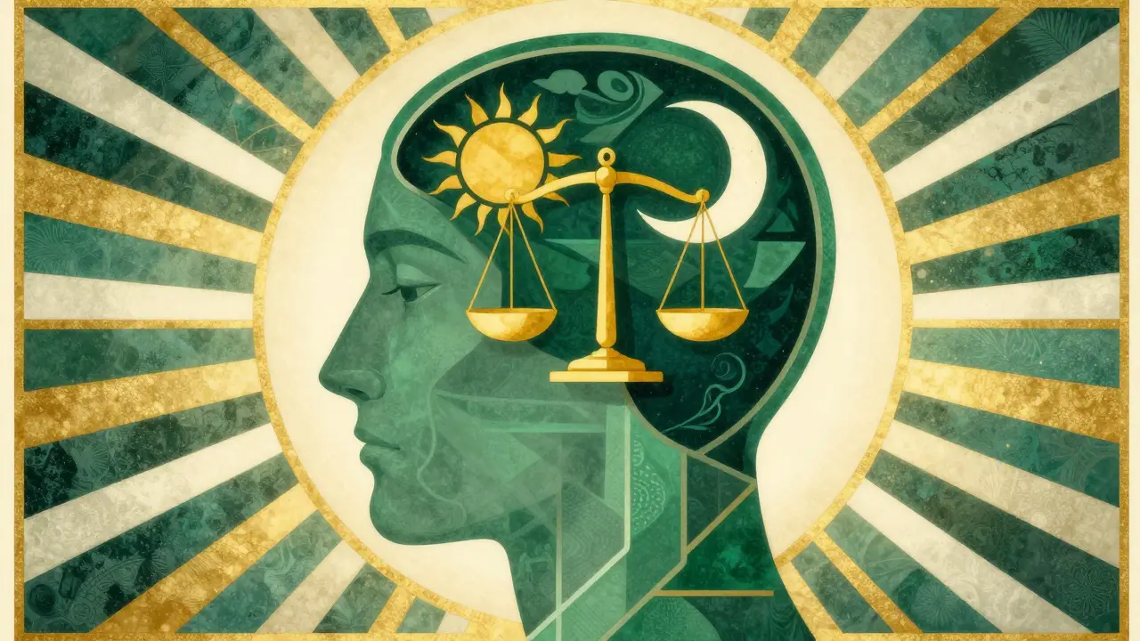 Stylizovaný profil hlavy s vyváženým sluncem a měsícem symbolizujícím zdravý spánkový rytmus.