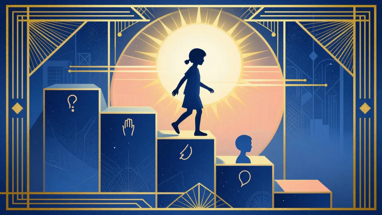 Symbolická cesta dítěte k mluvení skrze postupnou terapii v art deco stylu.