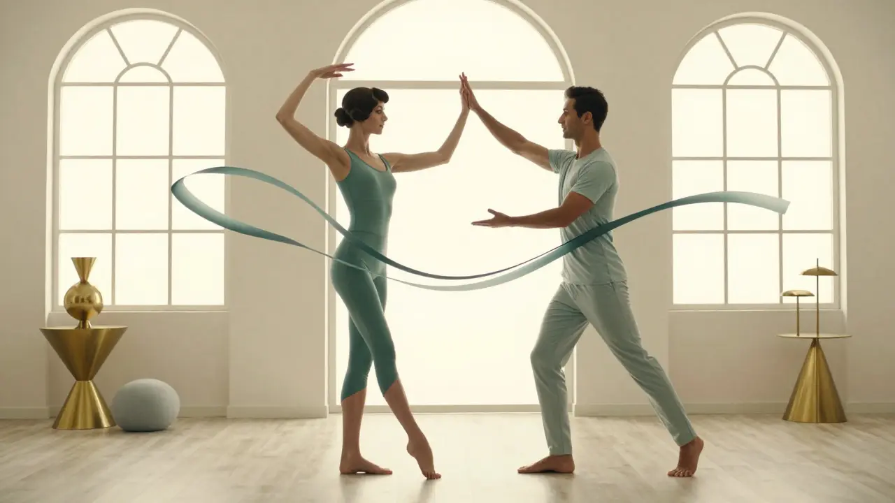 Terapeut a klient při jemném pohybu v elegantním Art Deco interiéru.