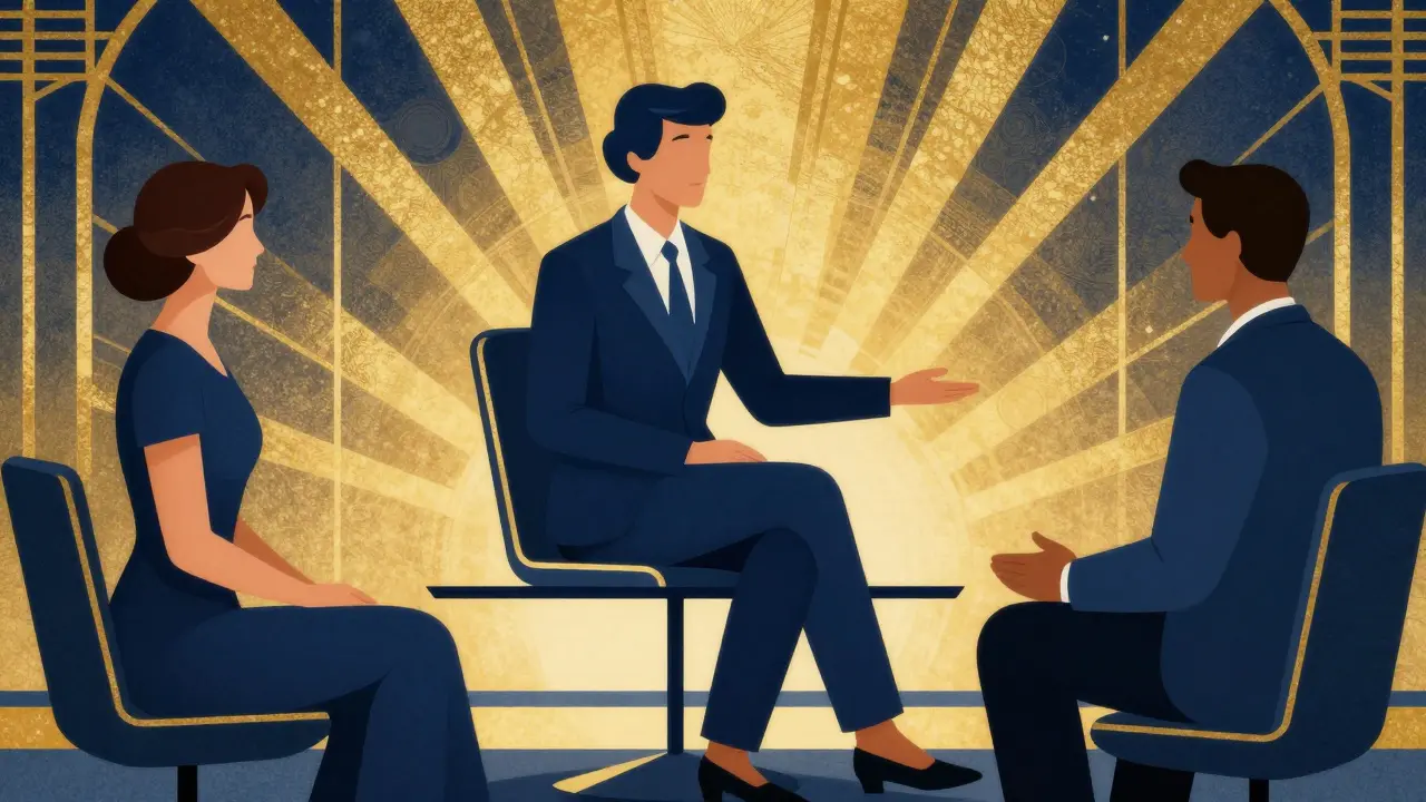 Terapeut v Art Deco stylu pomáhá páru v elegantní, geometrické kanceláři.