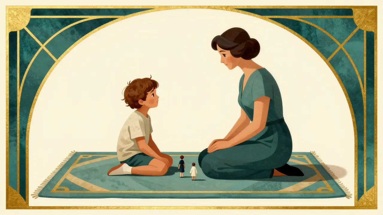 Terapeuta a dítě hrající si s figurkami v elegantním prostředí art deco.