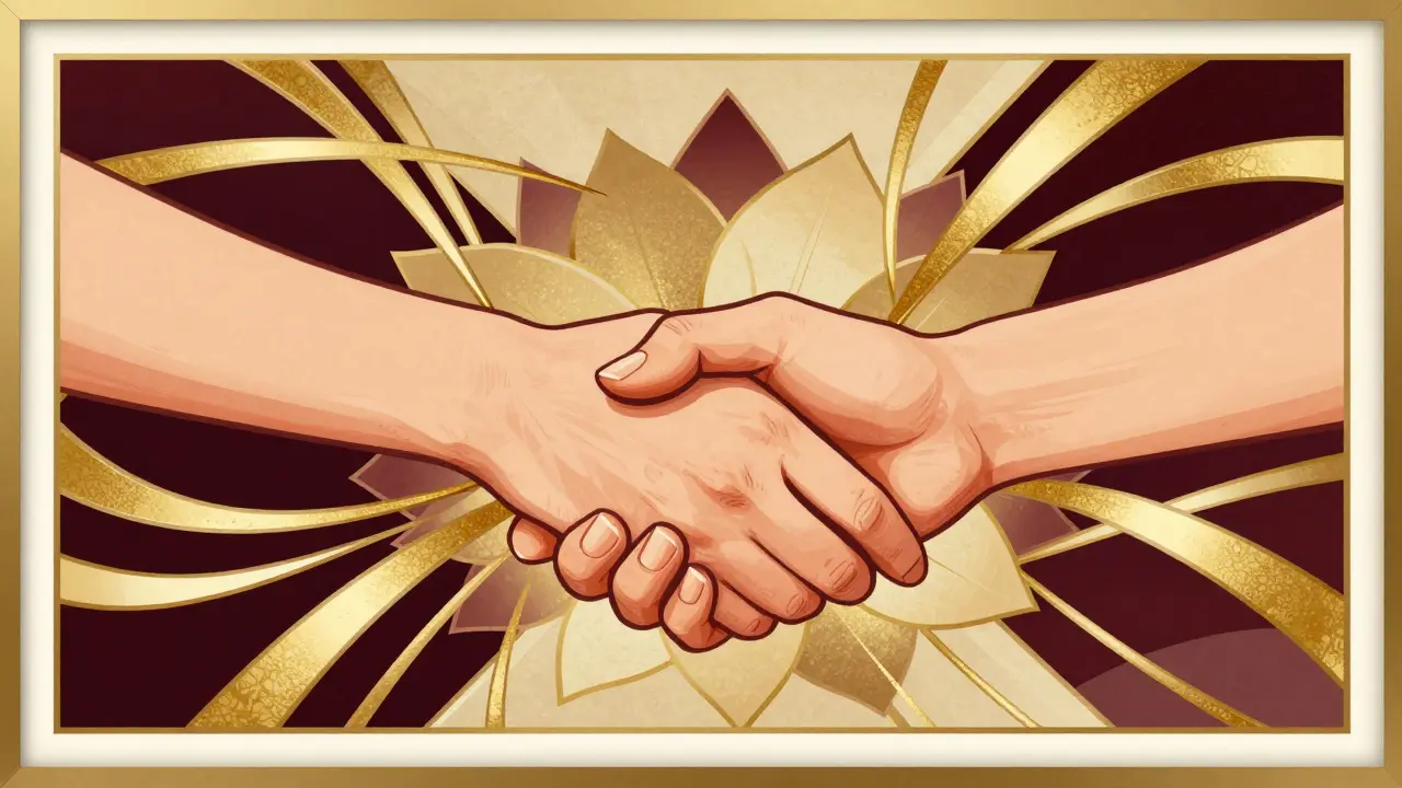 Two hands joining in a symbolic gesture of reconciliation.