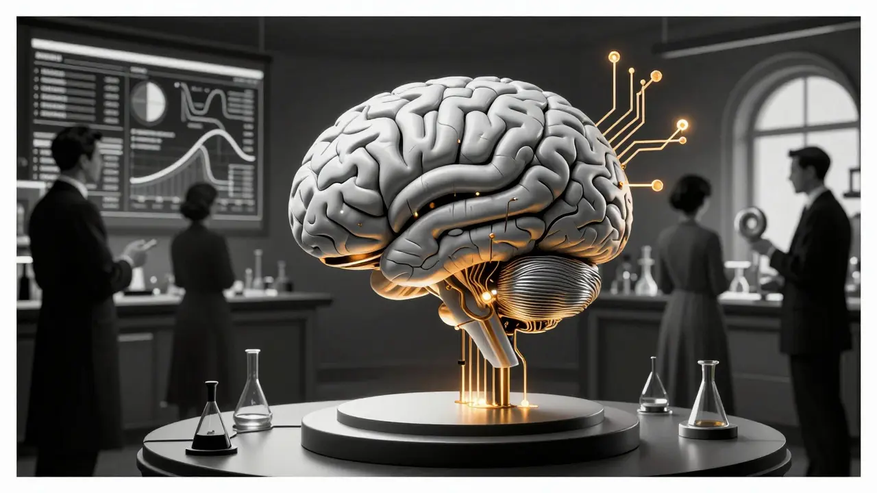 Budoucí laboratoř s mozkem a neurotechnologiemi ve stylu Art Deco