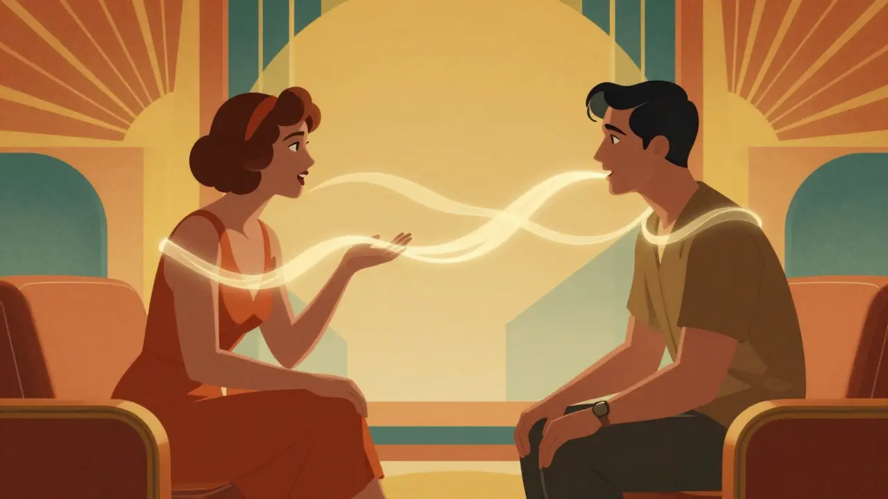 Ilustrace Art Deco ukazující dva lidi v empatické konverzaci, která prolomí bariéry.