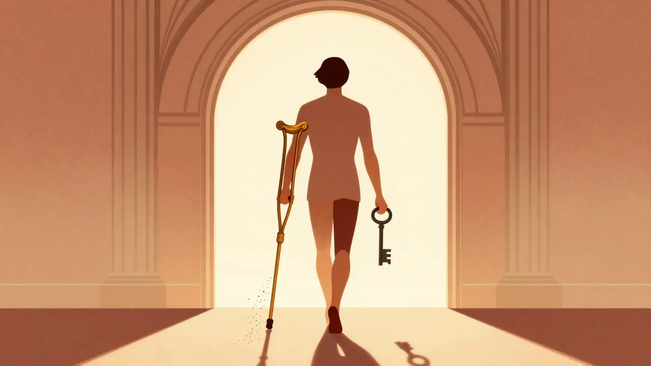 Léky jako dočasná opora na cestě k uzdravení, art deco ilustrace