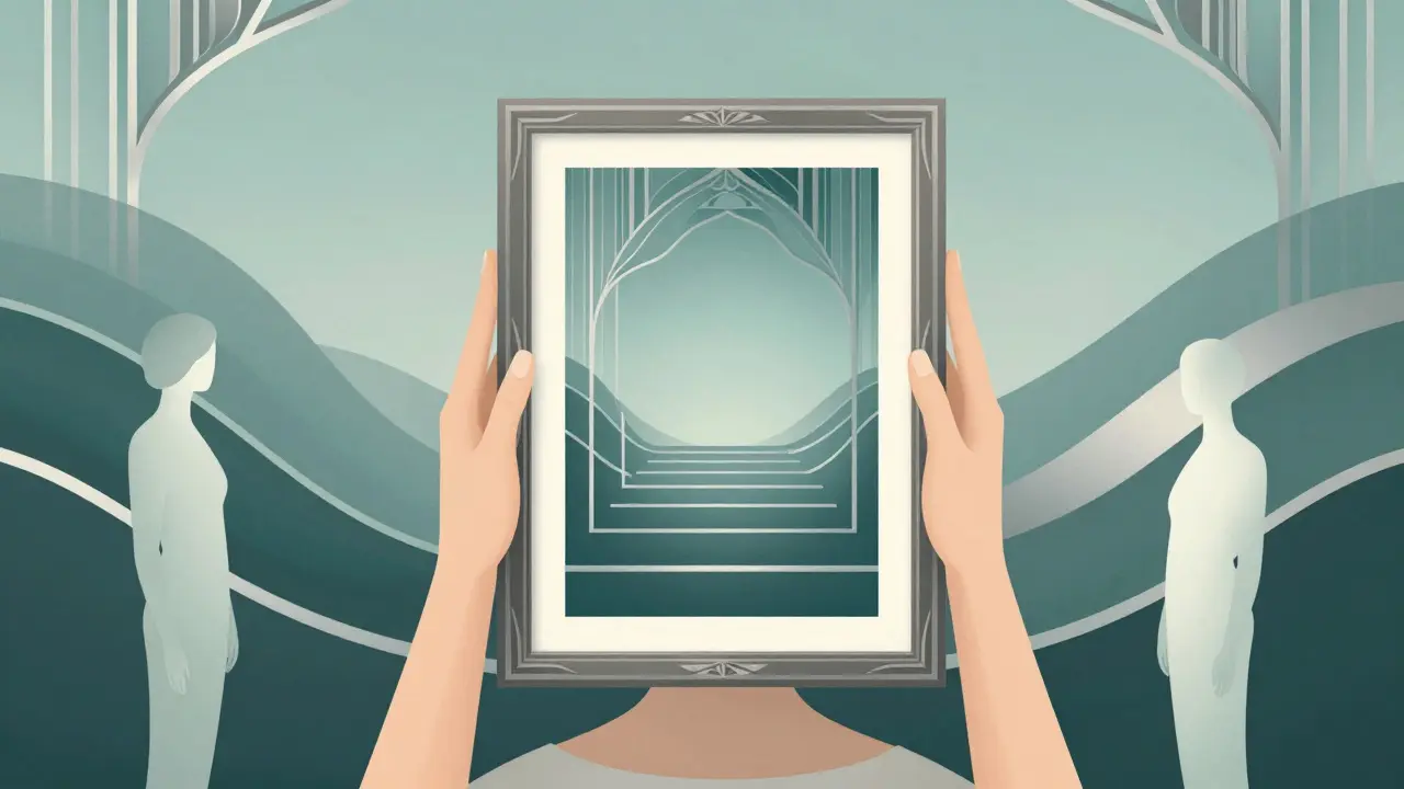 Osoba držící fotografii klidné scény v Art Deco stylu