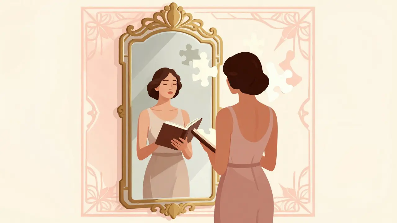 Postava před zrcadlem s klidným odrazem a deníkem, motiv uzdravení v Art Deco stylu.