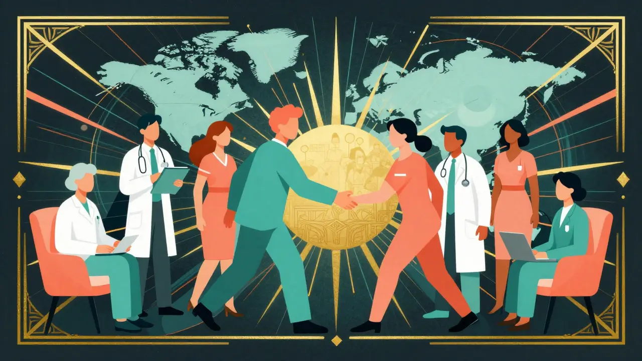 Symbolická ilustrace sítě podpory pro duševní zdraví v art deco stylu