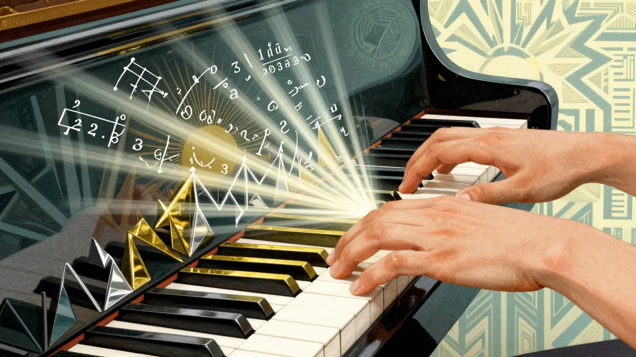 Vizuální umění v duchu Art Deco znázorňující hudební a matematický talent savanta.