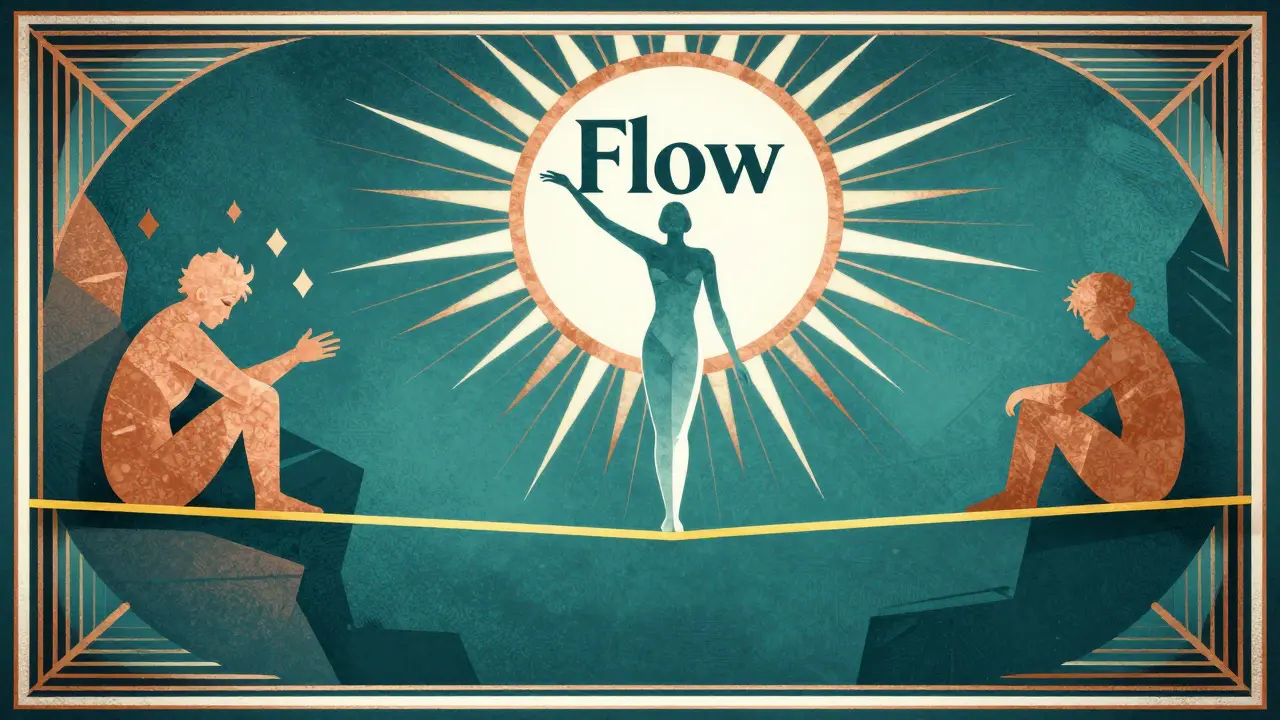 Art Deco ilustrace rovnováhy mezi výzvou a dovednostmi pro dosažení flow