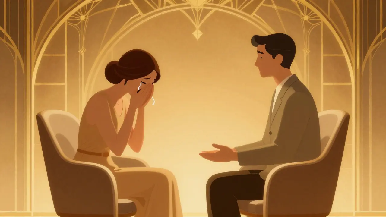 Art Deco ilustrace: terapeut a klient v bezpečném prostoru při pláči