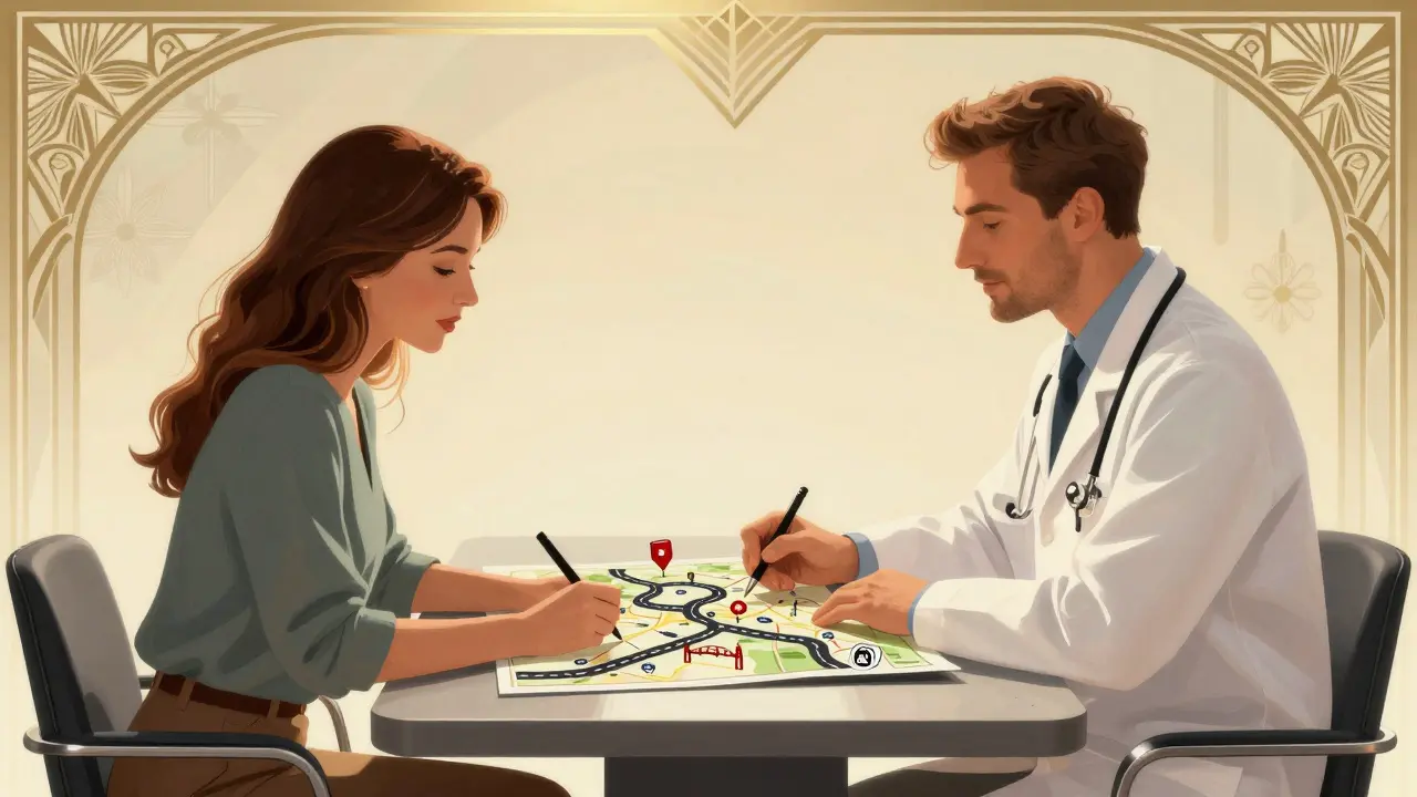 Art Deco ilustrace terapeuta a klienta jako partnerů při plánování léčby závislosti.