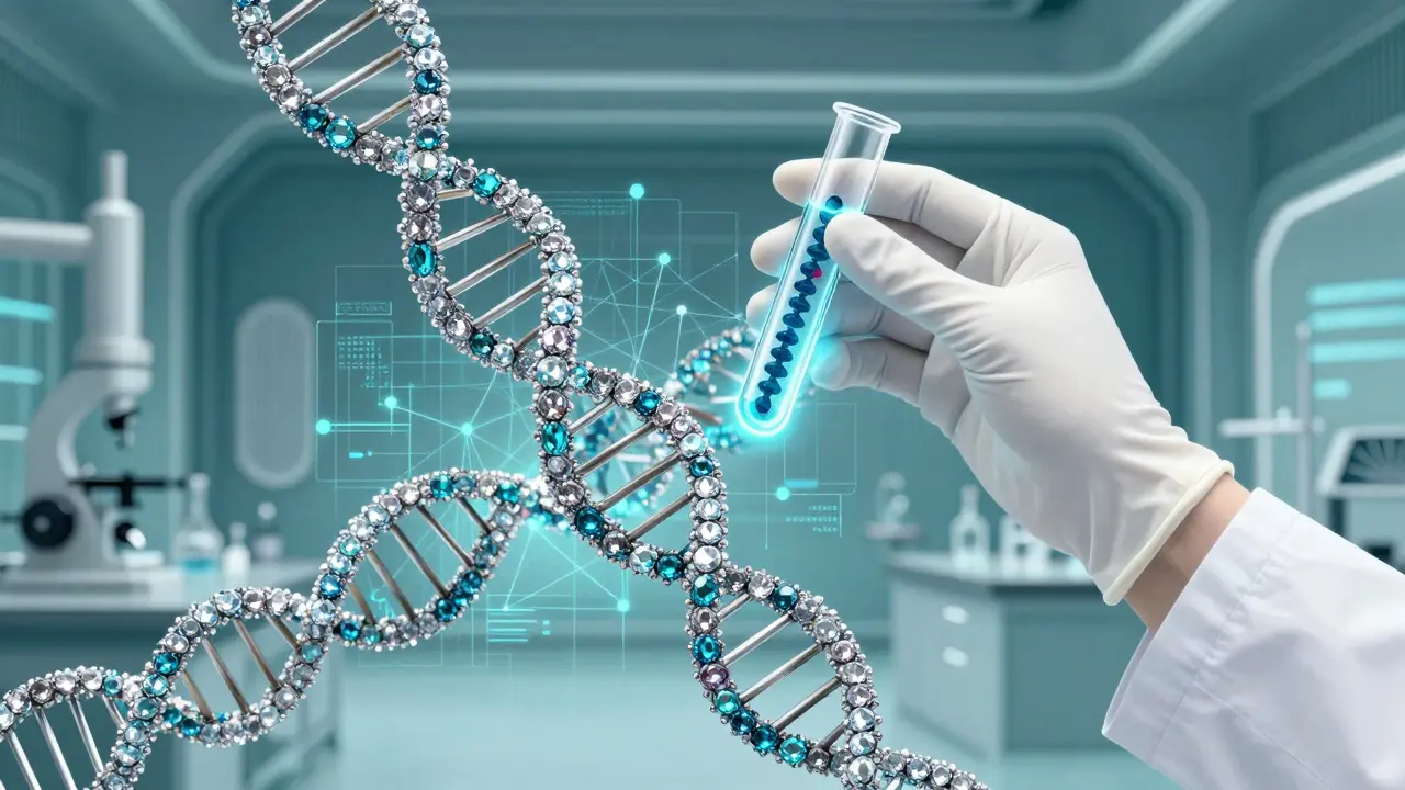 DNA spirála z drahokamů symbolizující personalizovanou medicínu