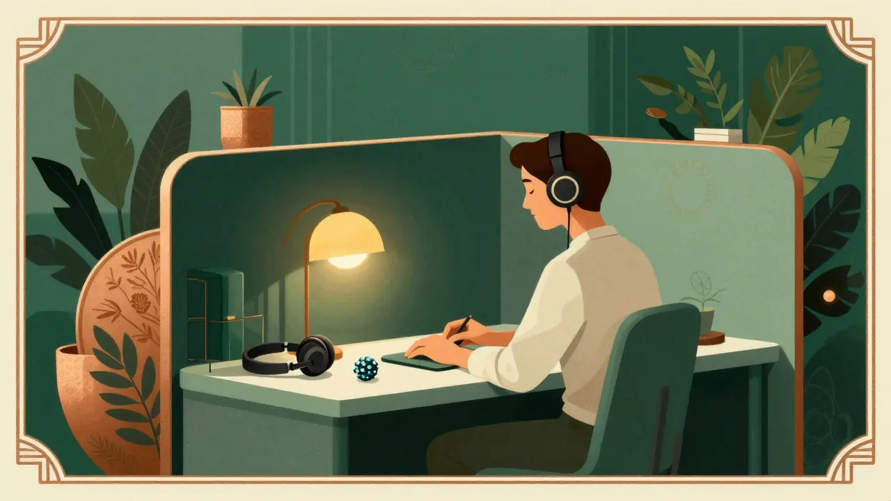 Ilustrace ve stylu Art Deco: Klidná pracovní stanice s sluchátky a ergonomickým vybavením
