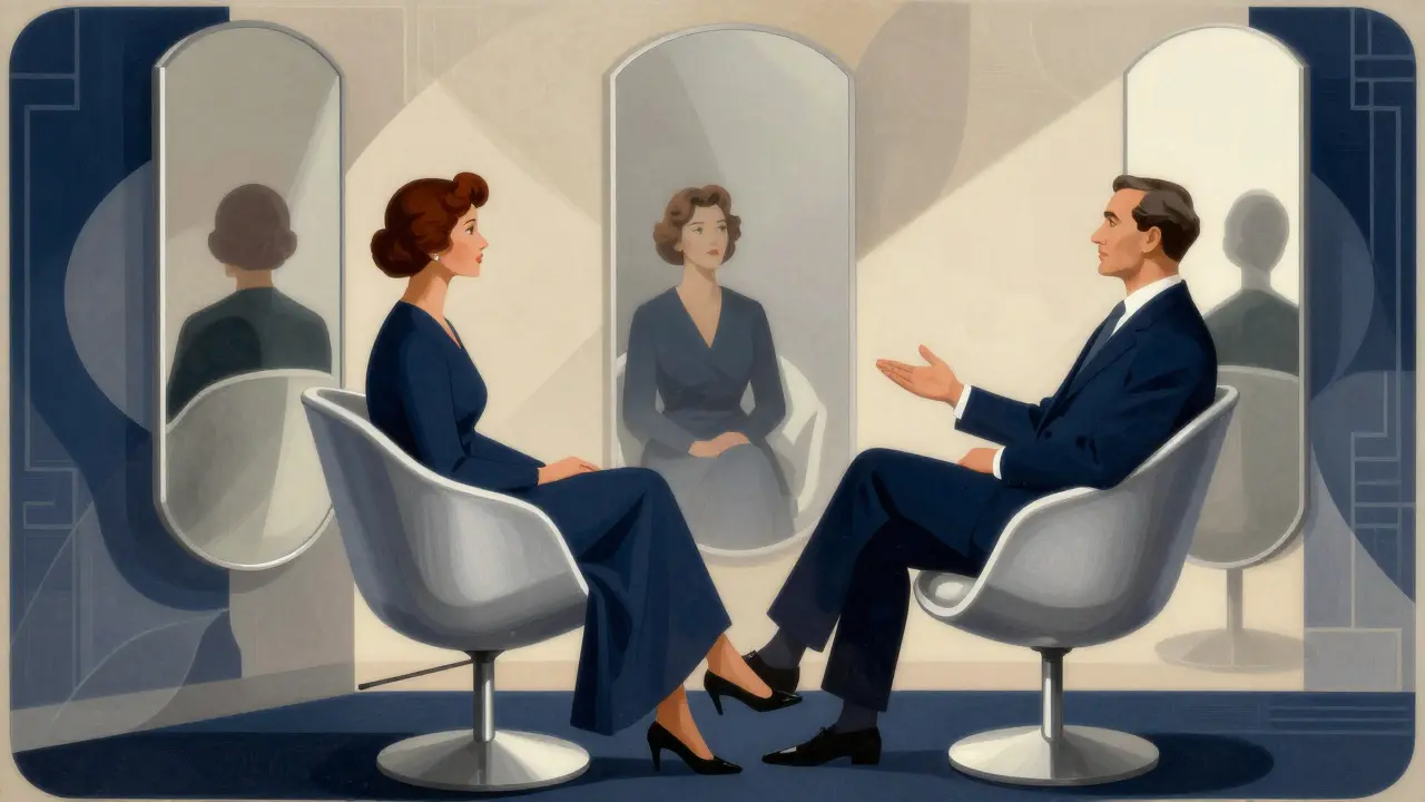 Ilustrace ve stylu Art Deco: klient se v klidném prostředí zaměřuje na vlastní reflexi a hledání cesty.