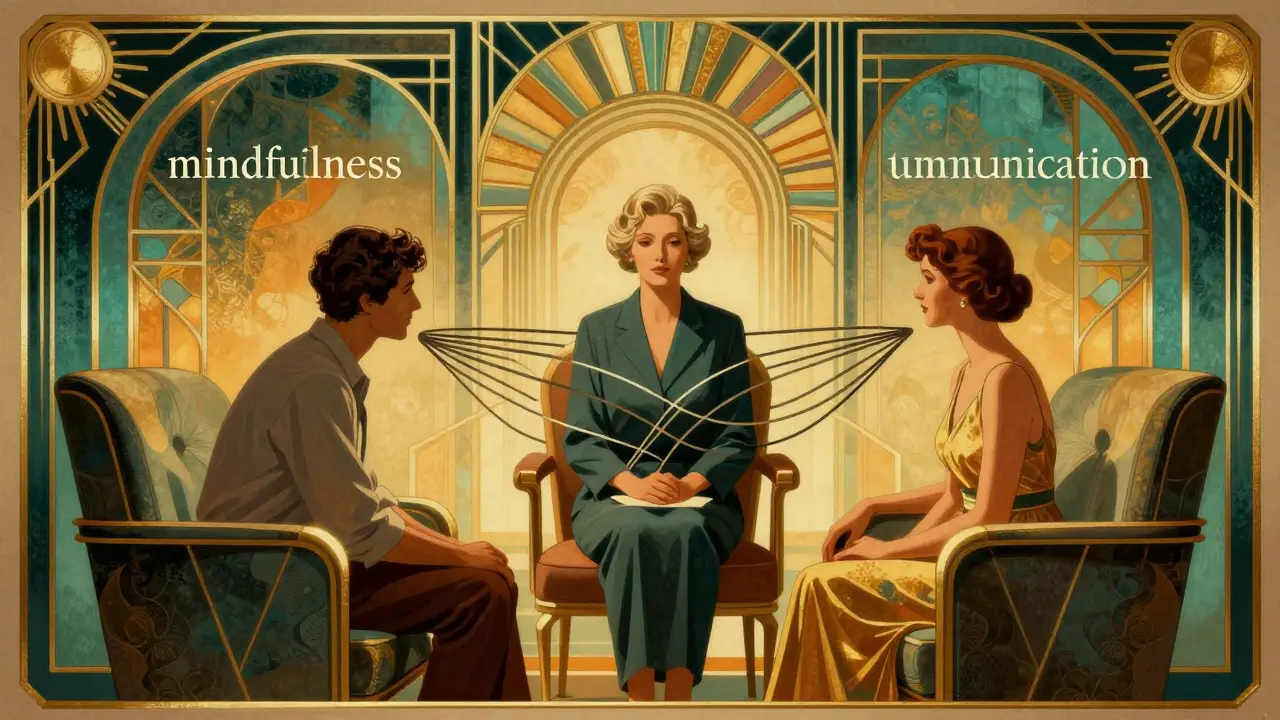 Terapeutická sezení páru s terapeutem v geometrickém rámu Art Deco