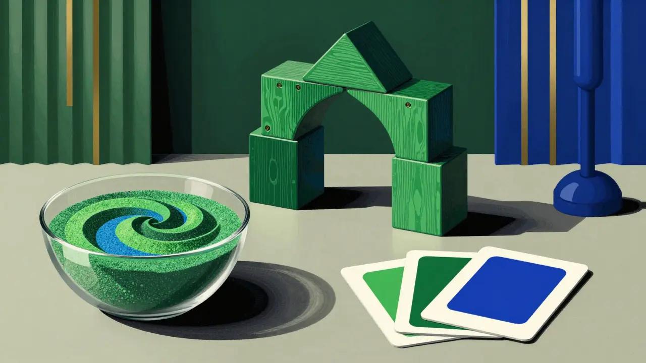 Terapeutické pomůcky jako písek a kostky v Art Deco stylu