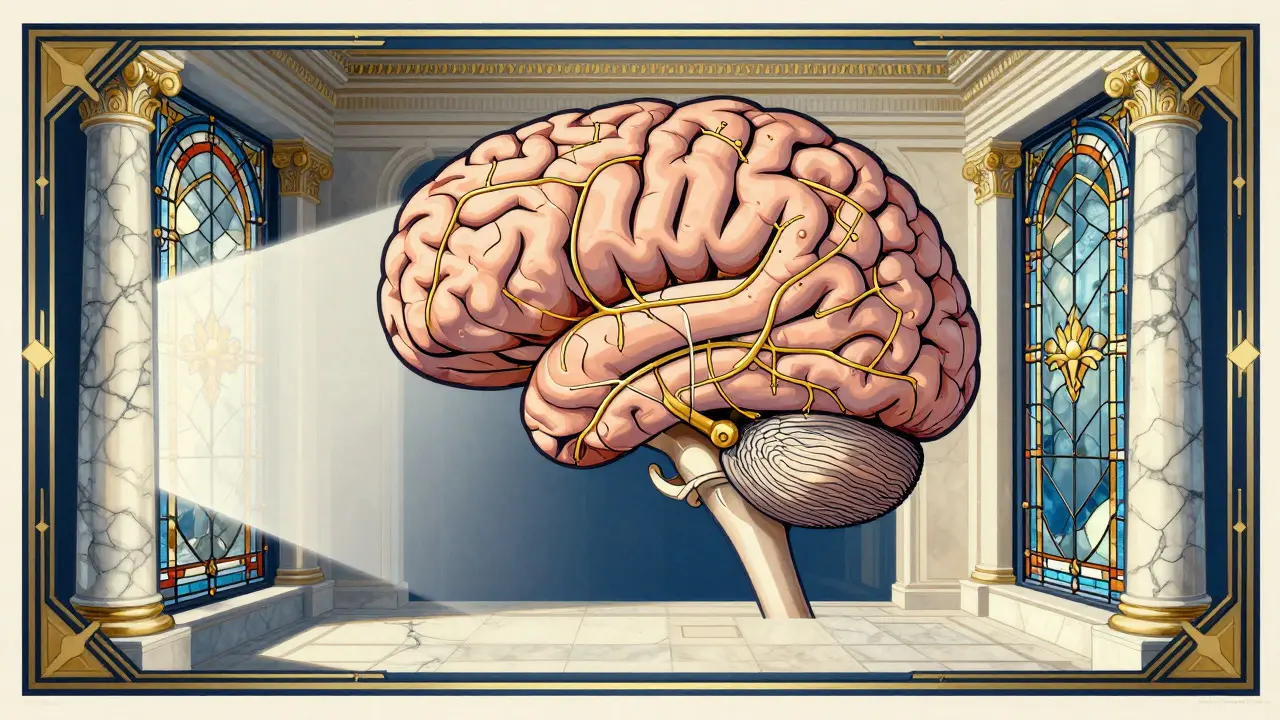 Architektonický mozek osvětlený světlem představujícím neuroplasticitu
