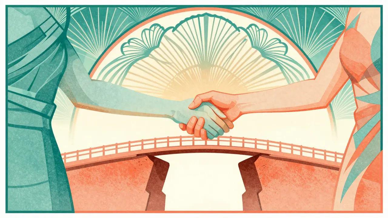 Art Deco ilustrace: dvě postavy spojující se mostem nad propastí izolace