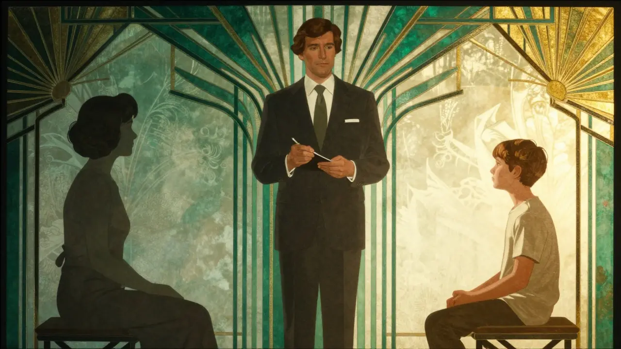 Art Deco ilustrace rozděleného screeningu: terapeut pracuje samostatně s dítětem v jasném prostoru.