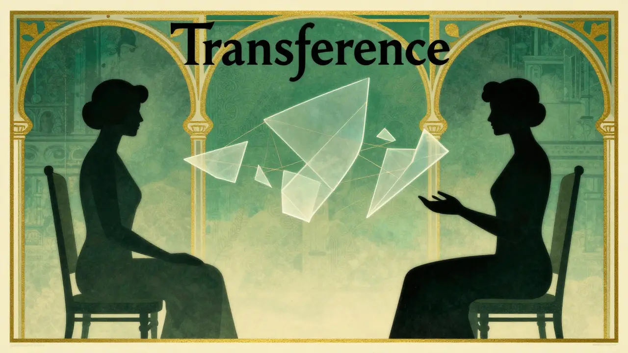 Art Deco ilustrace znázorňující přenos emocí mezi klientem a terapeutem pomocí geometrických tvarů.