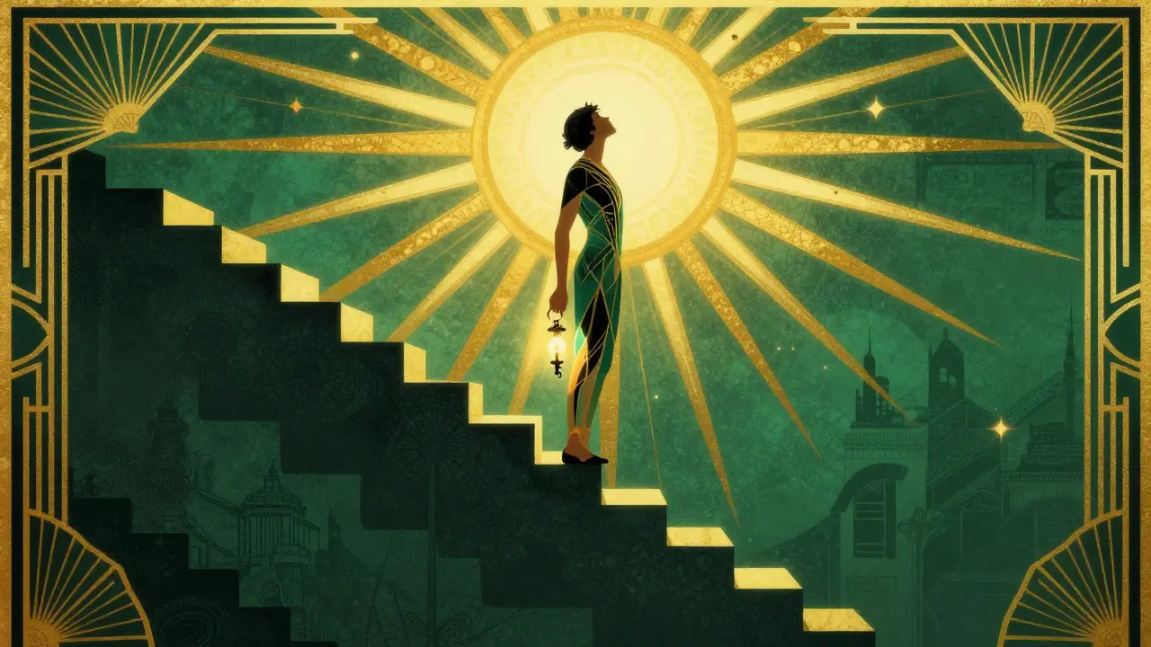 Art Deco metafora motivace: postava stoupá po schodech k světlu změny