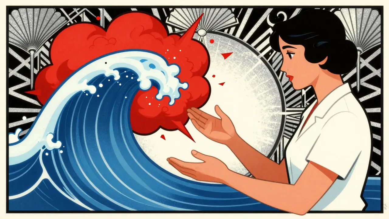 Art Deco plakát: transformace agrese na klid pomocí empatické komunikace a pevných hranic.