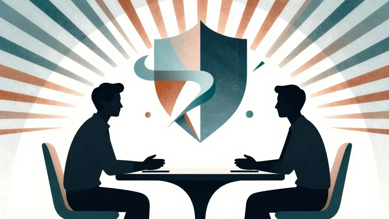 Geometric Art Deco art of two people co-creating a symbolic safety shield