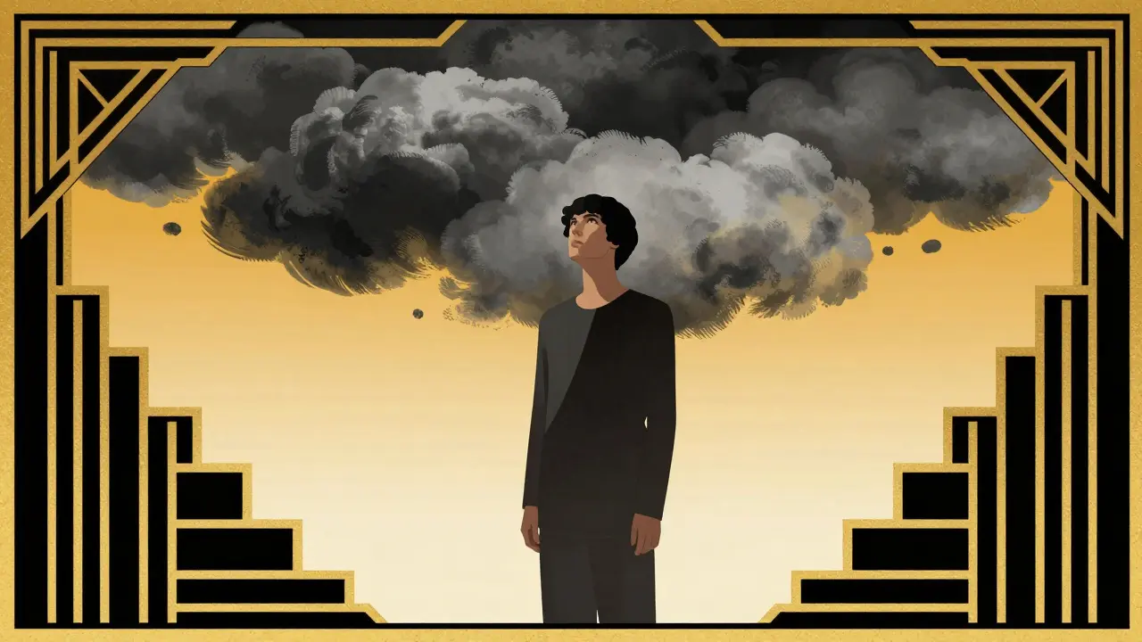 Ilustrace nestranné všímavosti: pozorování mraků bez emocí v Art Deco stylu.
