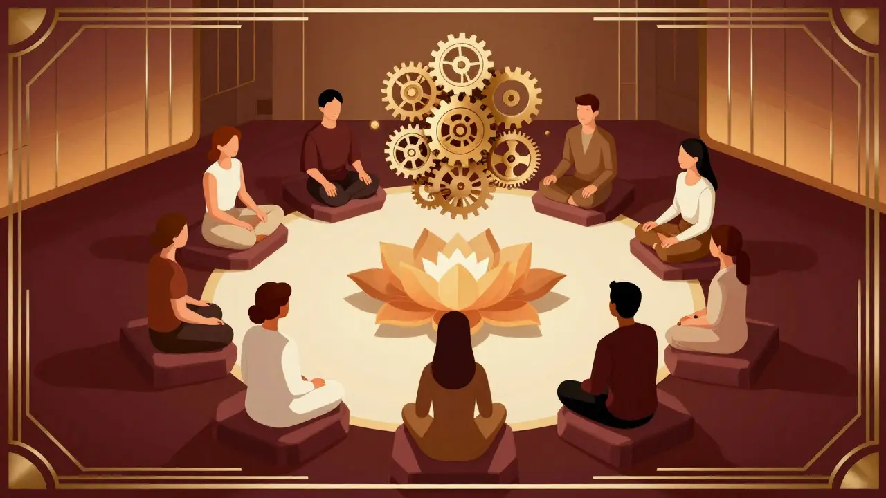 Skupinová meditace v kruhu s geometrickými vzory v retro stylu