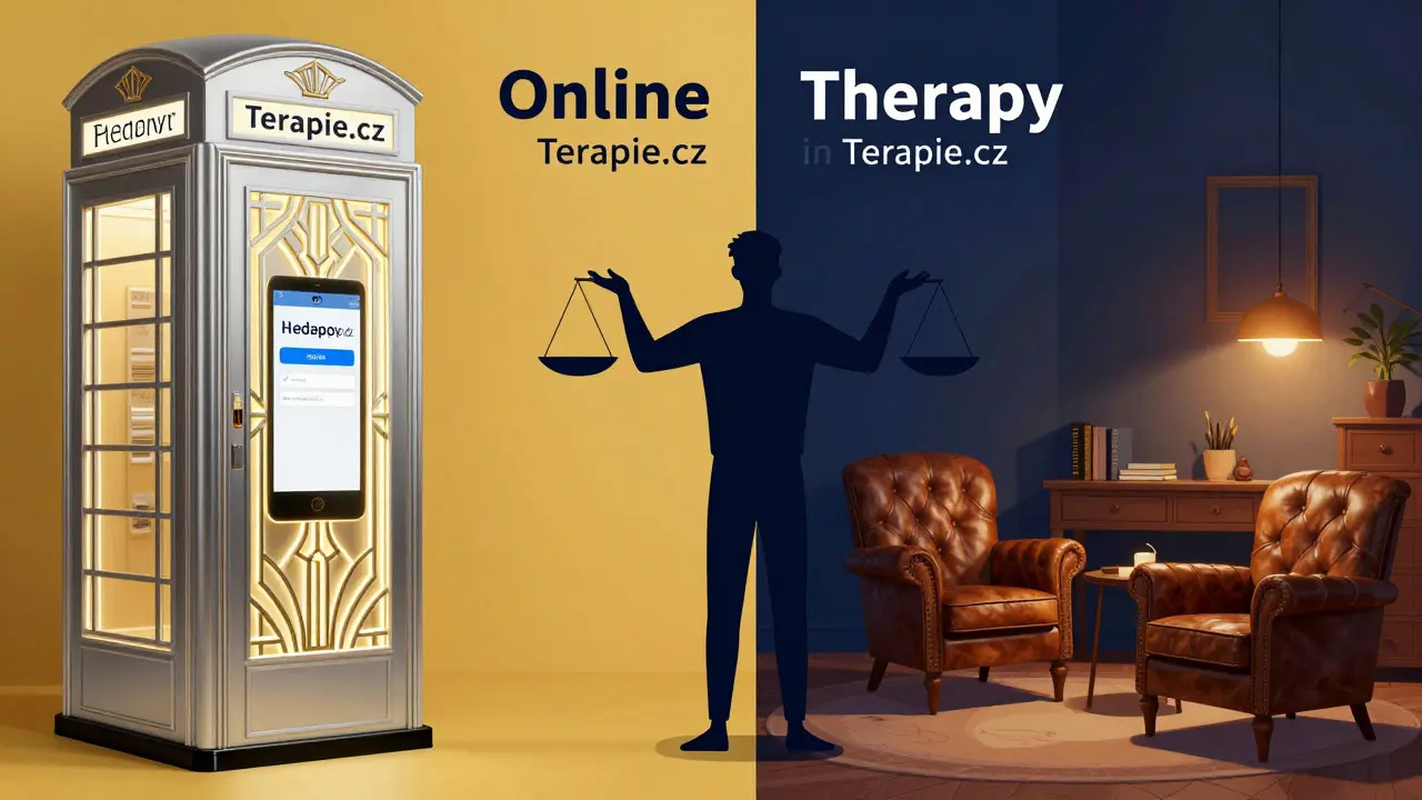 Srovnání online a osobní terapie v grafice Art Deco