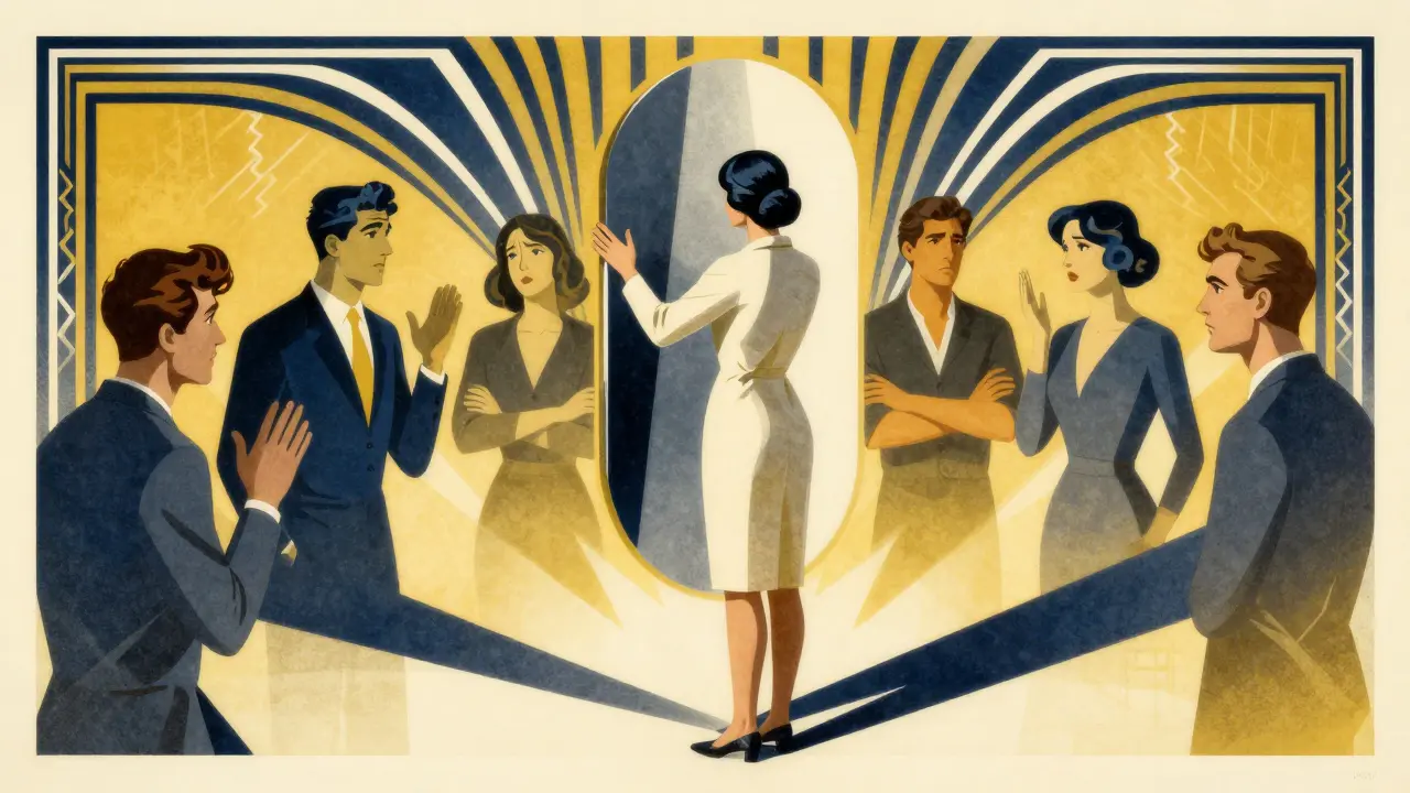 Terapeut jako zrcadlo odrážející konflikty páru ve stylu Art Deco
