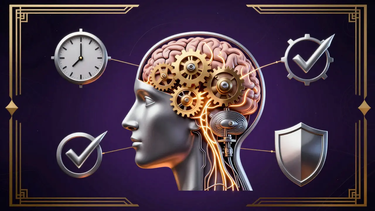 Abstraktní ilustrace mozku a strategií zvládání ADHD v art deco stylu