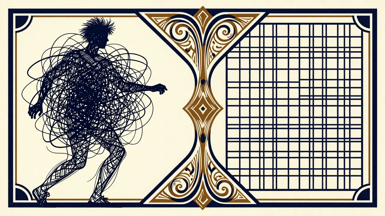 Abstraktní ilustrace překryvu příznaků ADHD a autismu ve stylu art deco