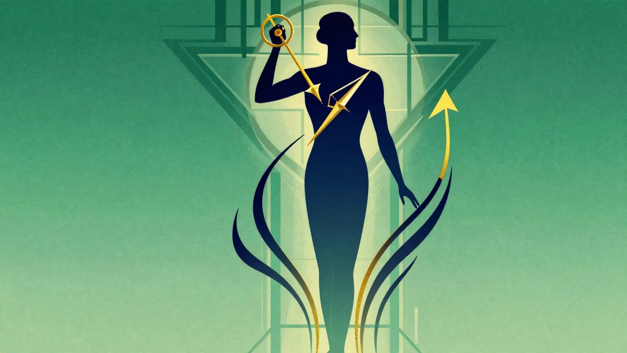Art deco ilustrace symbolizující jasně definované cíle a měřitelný pokrok klienta během terapie.