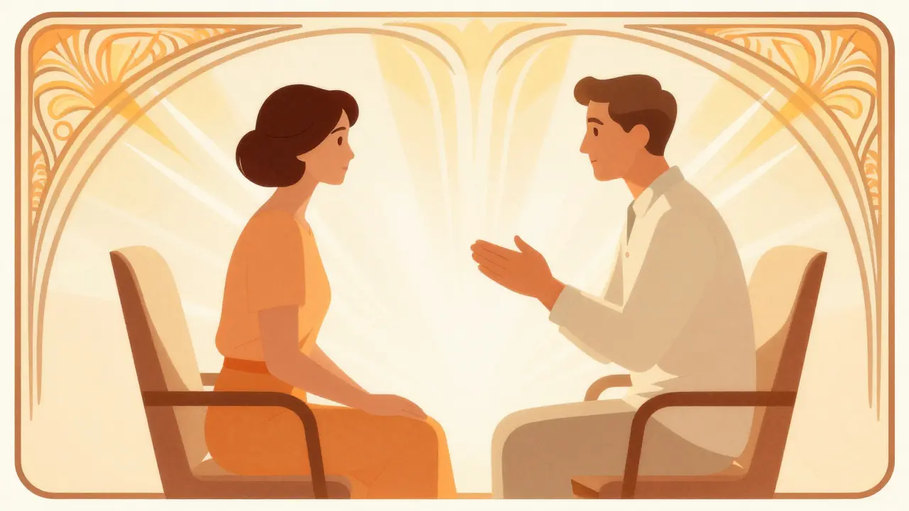 Art deco ilustrace terapeutické seance symbolizující hojení a obnovu důvěry