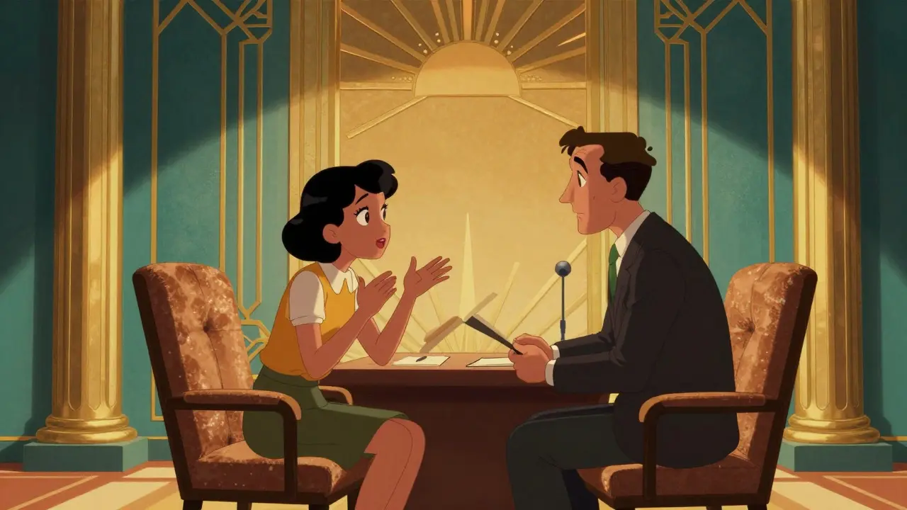 Art Deco ilustrace terapie mezi dospívající dívkou a terapeutem.