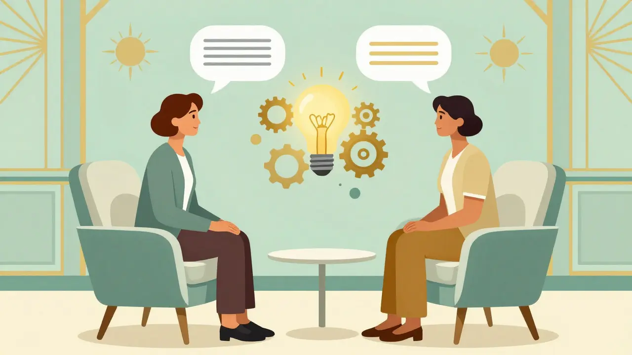 Calm Art Deco scene of a therapy session with symbolic gears
