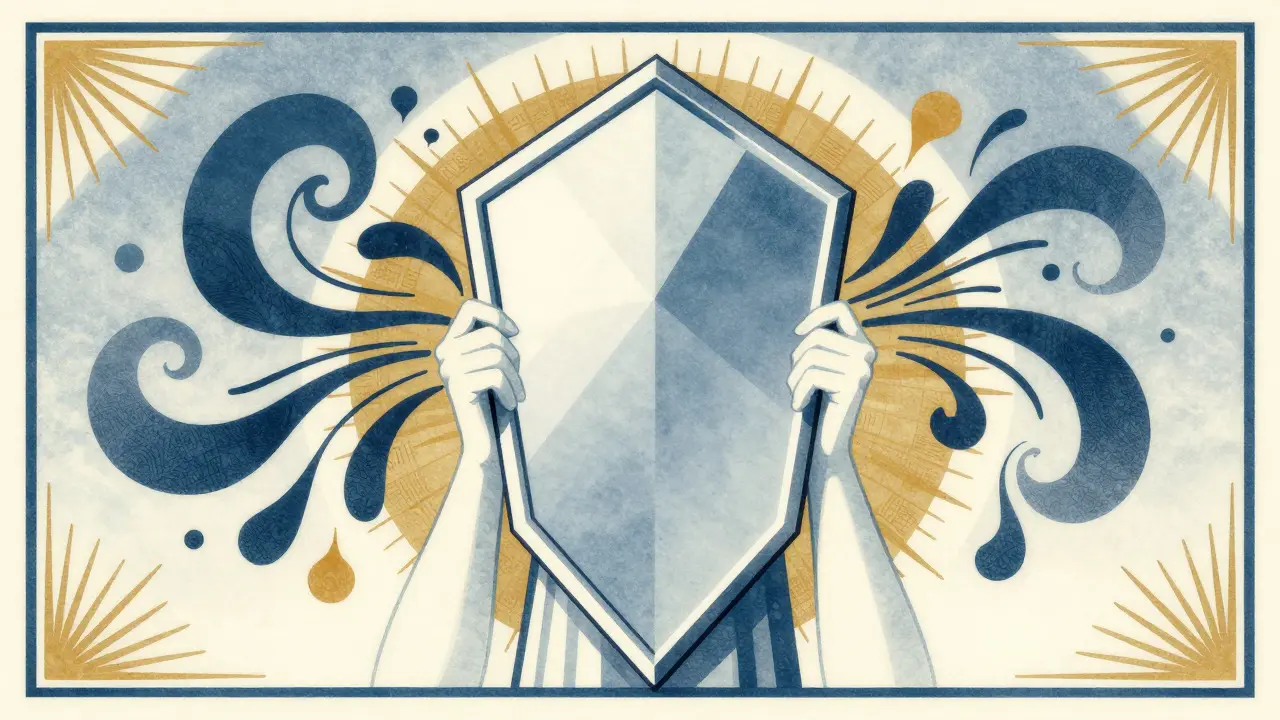 Geometrická ilustrace v duchu Art Deco ukazující terapii jako nástroj pro překonání chaosu myšlenek.