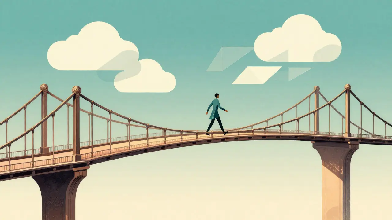 Illustration of a person walking across a geometric bridge between two worlds