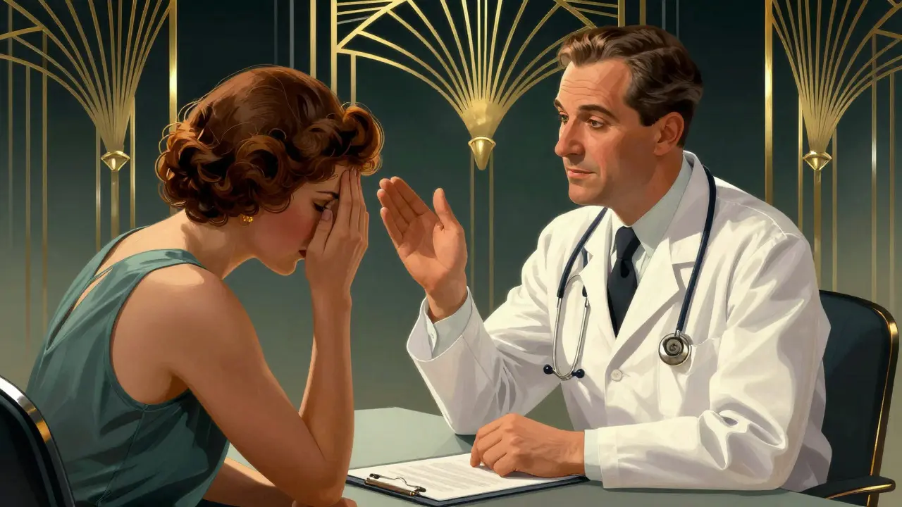 Ilustrace konzultace lékaře s pacientem ve stylu art deco