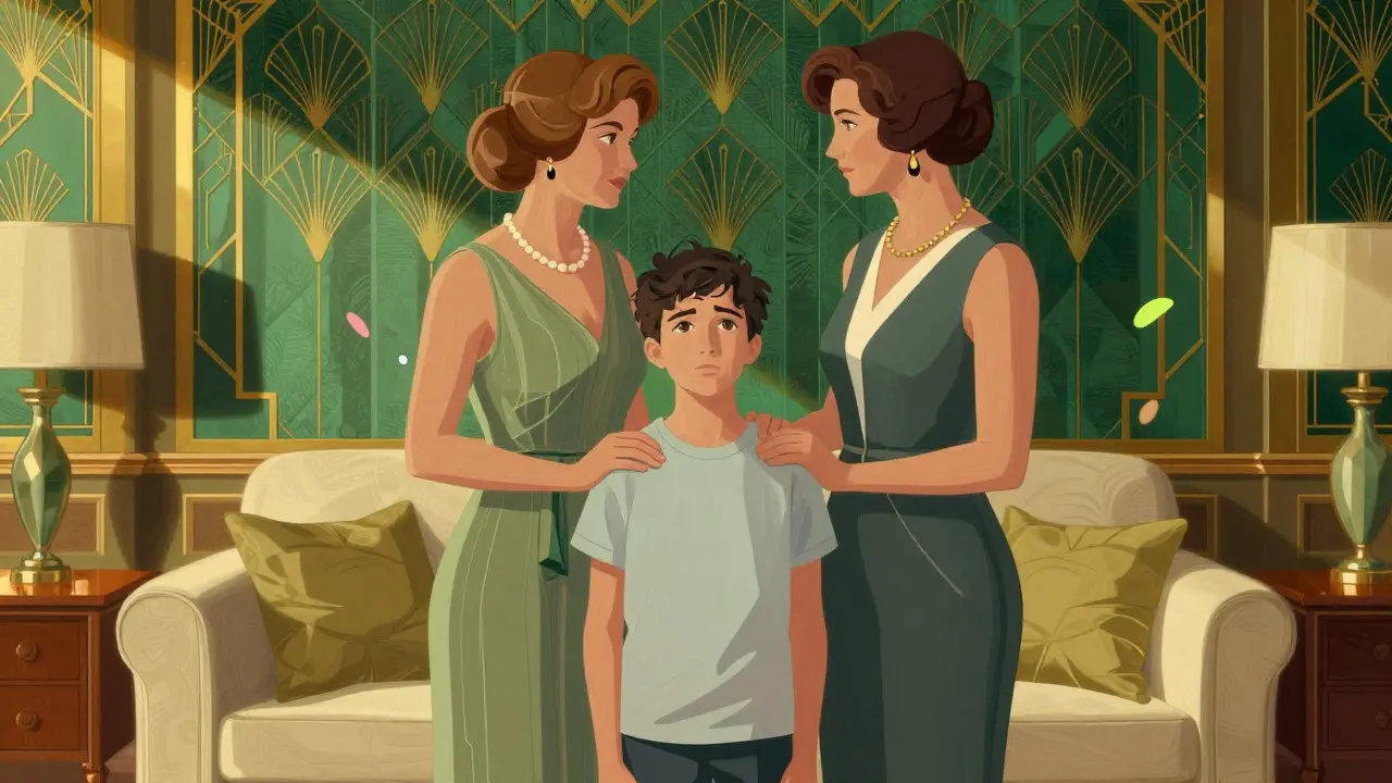 Ilustrace rodiny podporující svého dospívajícího člena v obývacím pokoji.