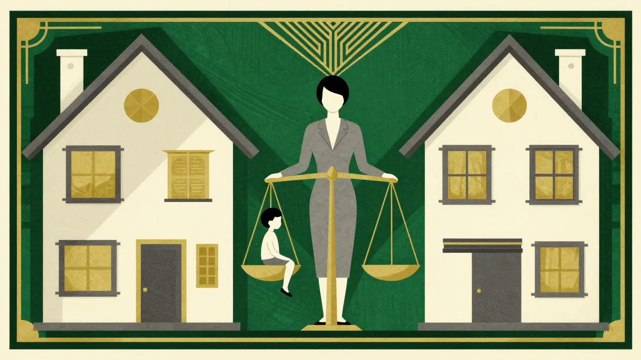 Ilustrace střídavé péče a mediace v geometrickém stylu