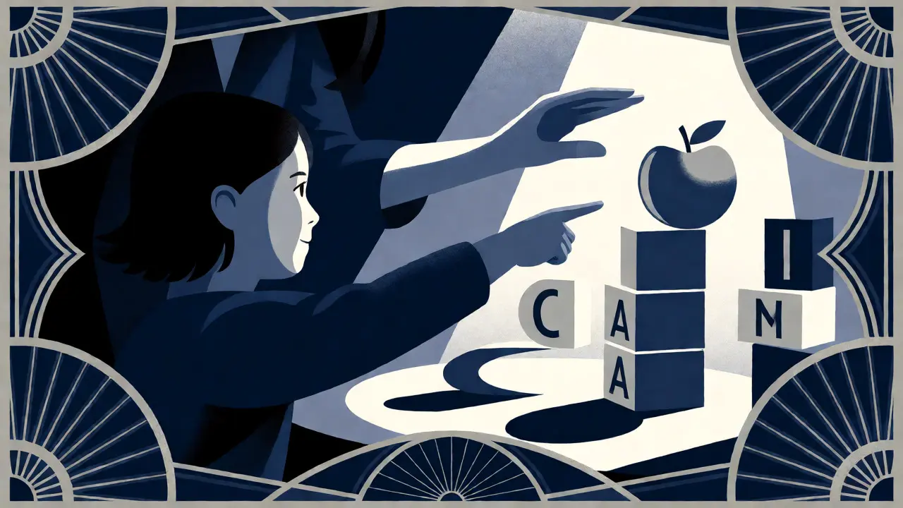 Ilustrace terapeuta a dítěte v Art Deco stylu ukazující přechod od chaotického opakování k jasným slovům.