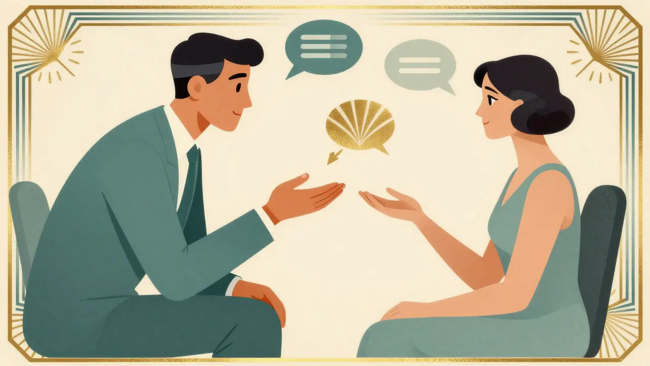 Ilustrace terapeutického setkání s důrazem na komunikaci a podporu v art deco