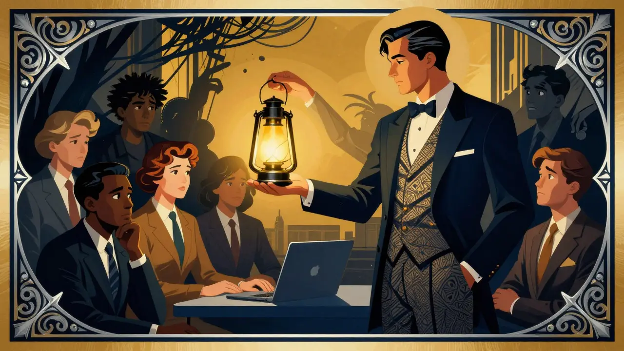 Ilustrace vedení poskytujícího podporu zaměstnancům ve stylu art deco reklamy